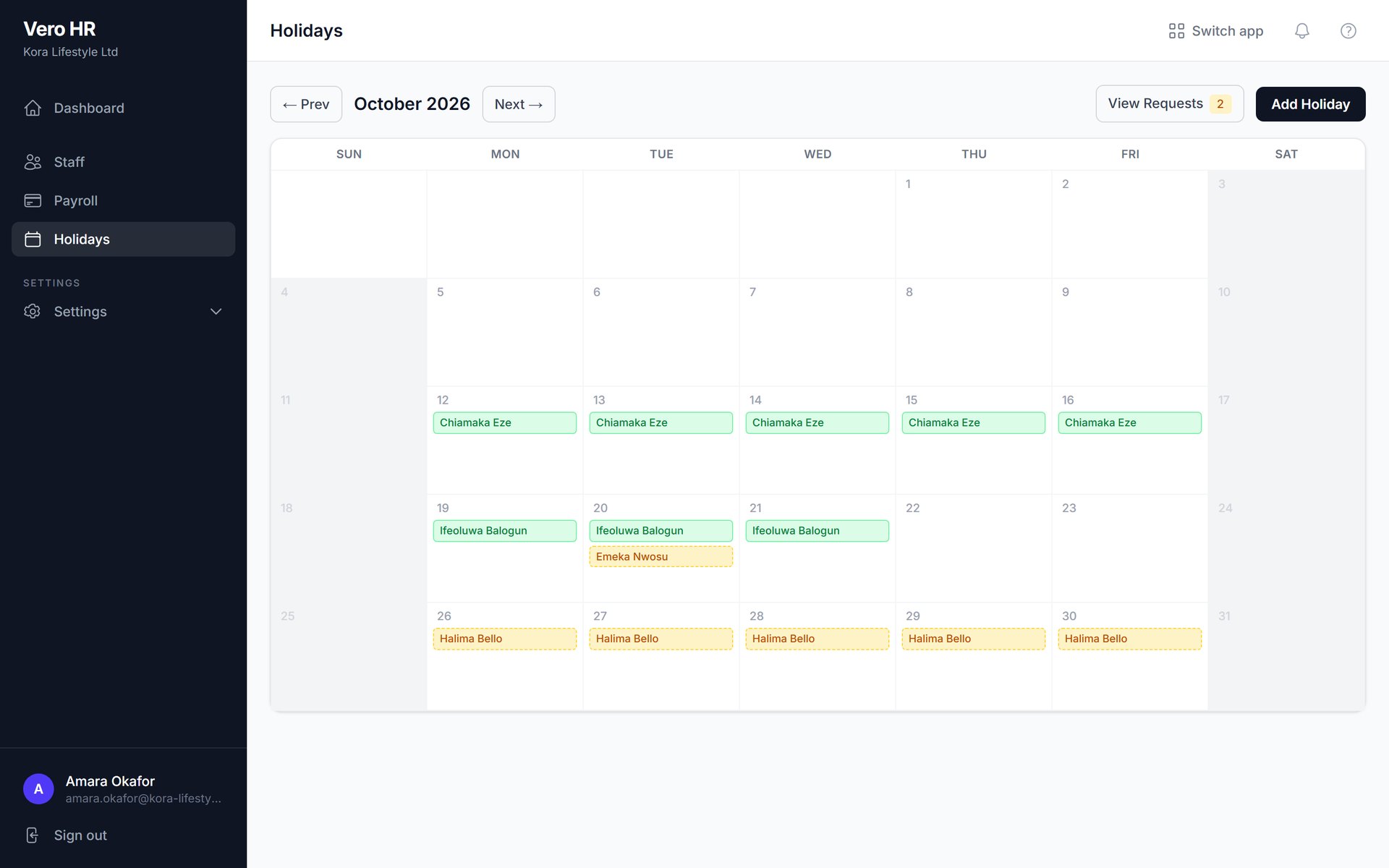 The Vero HR holiday calendar showing approved and pending leave