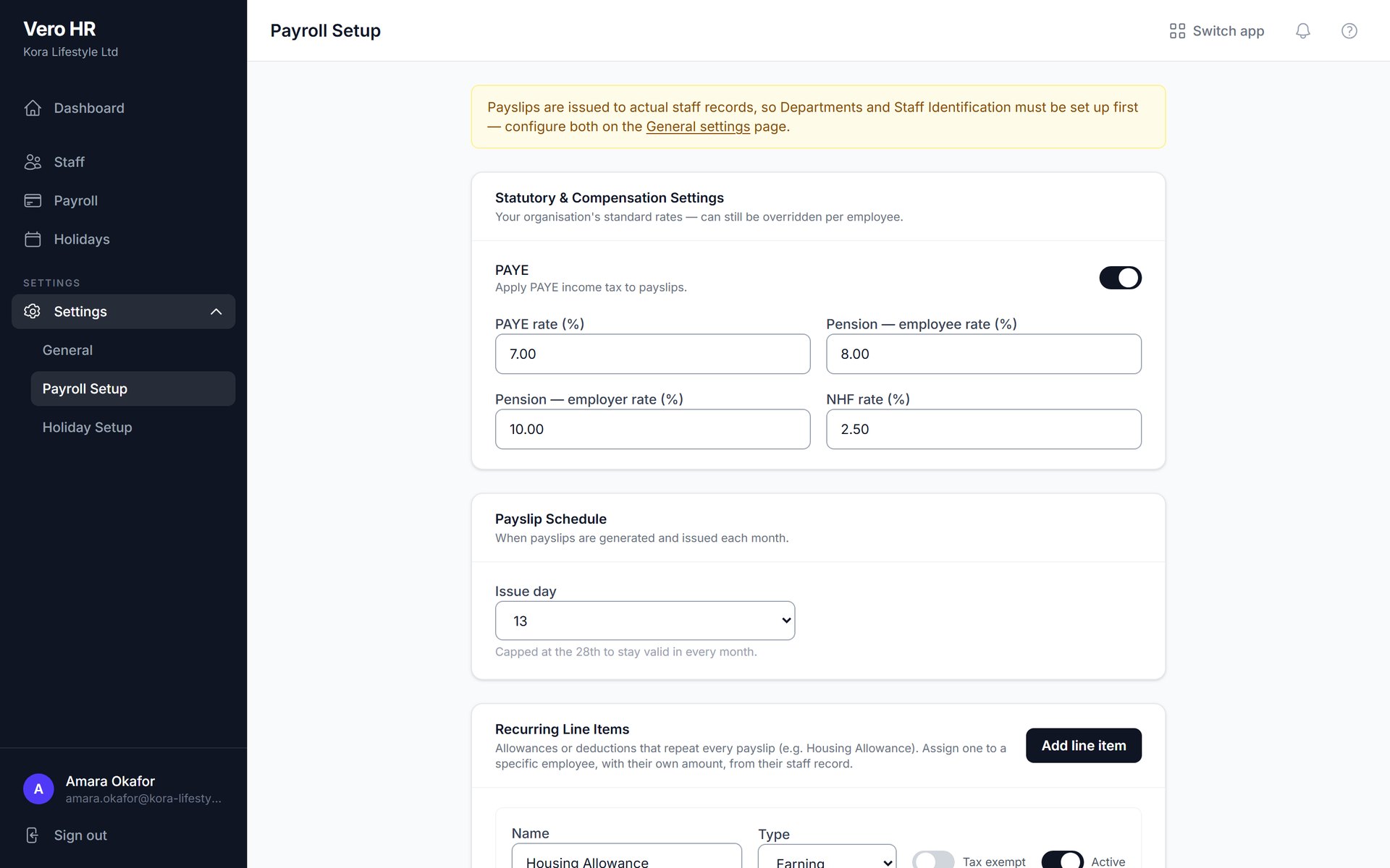 Vero HR payroll setup with PAYE, pension and NHF rates and the payslip issue day