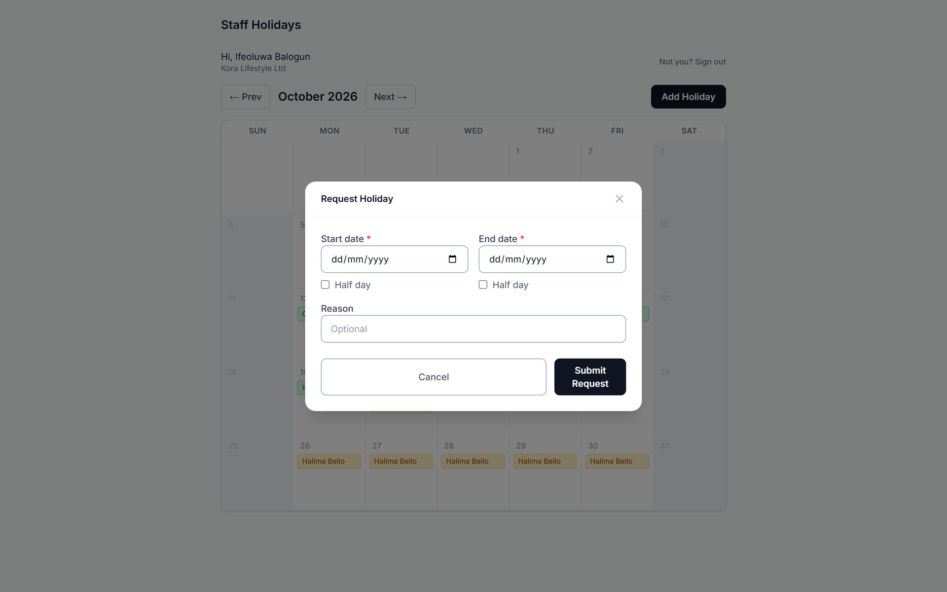 The Vero HR employee portal with the request holiday form open