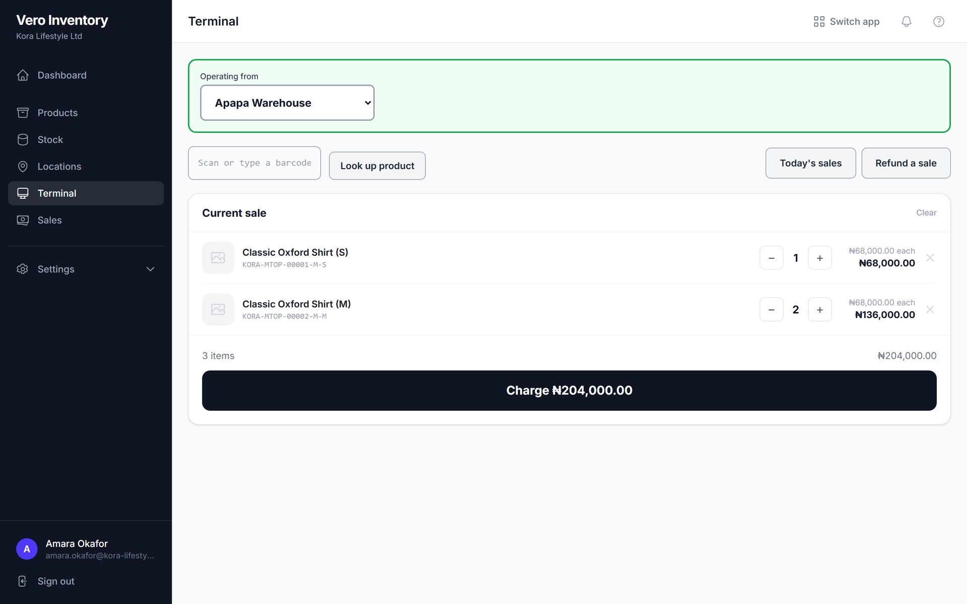 The Vero Inventory point-of-sale terminal with a sale in progress