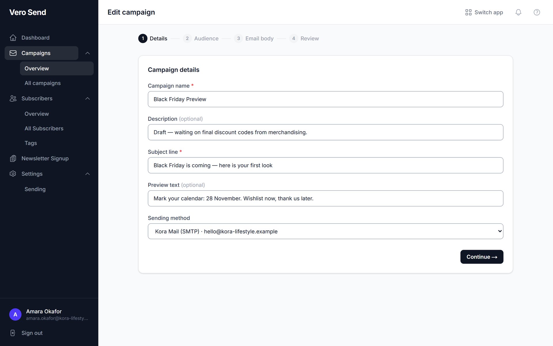 The campaign details step in Vero Send, with subject line and sending method