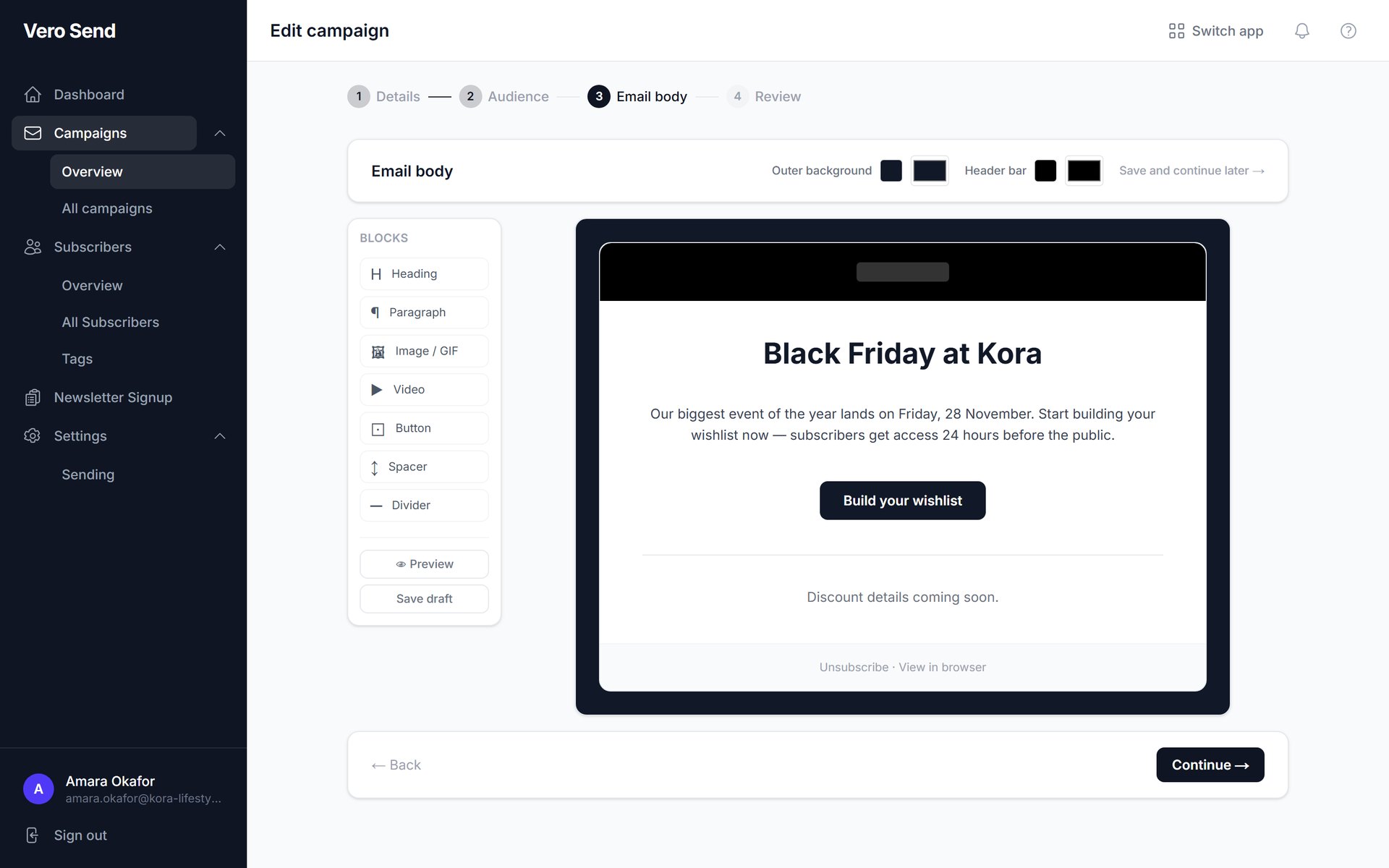 The Vero Send drag-and-drop email builder with a campaign preview