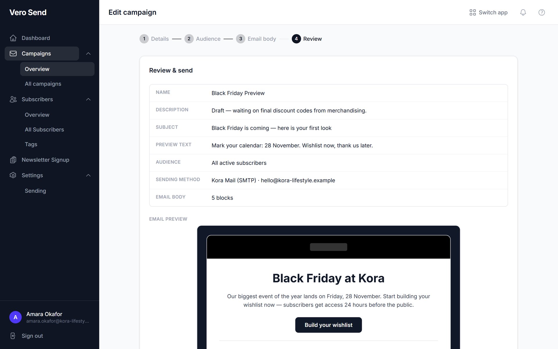 The review and send step in Vero Send with an email preview