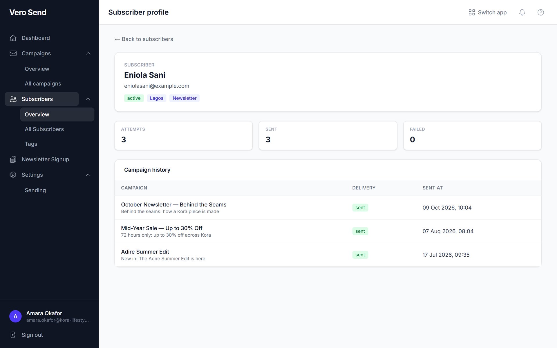 A Vero Send subscriber profile with tags and campaign history
