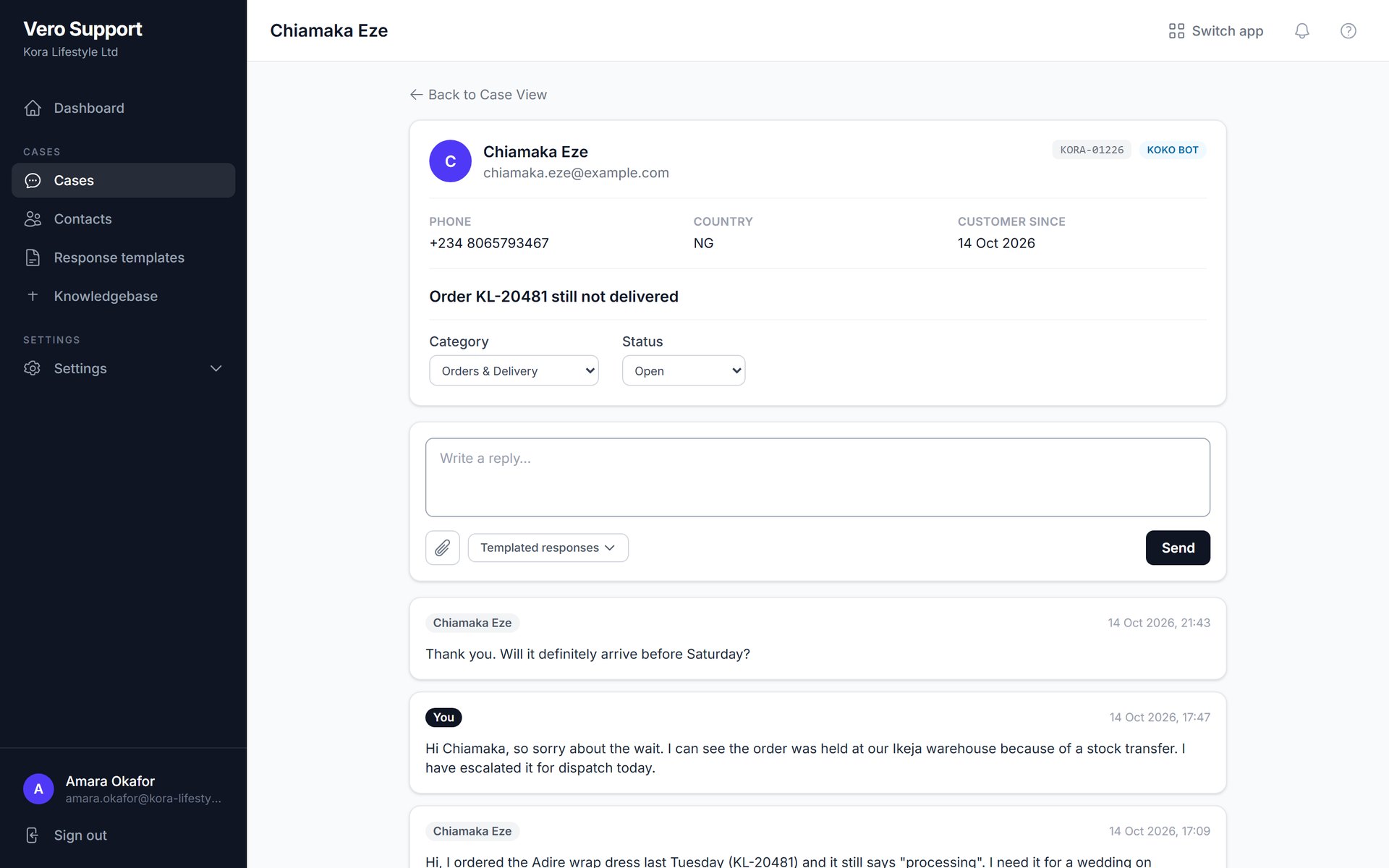 A Vero Support case with the customer details, reply box and conversation thread