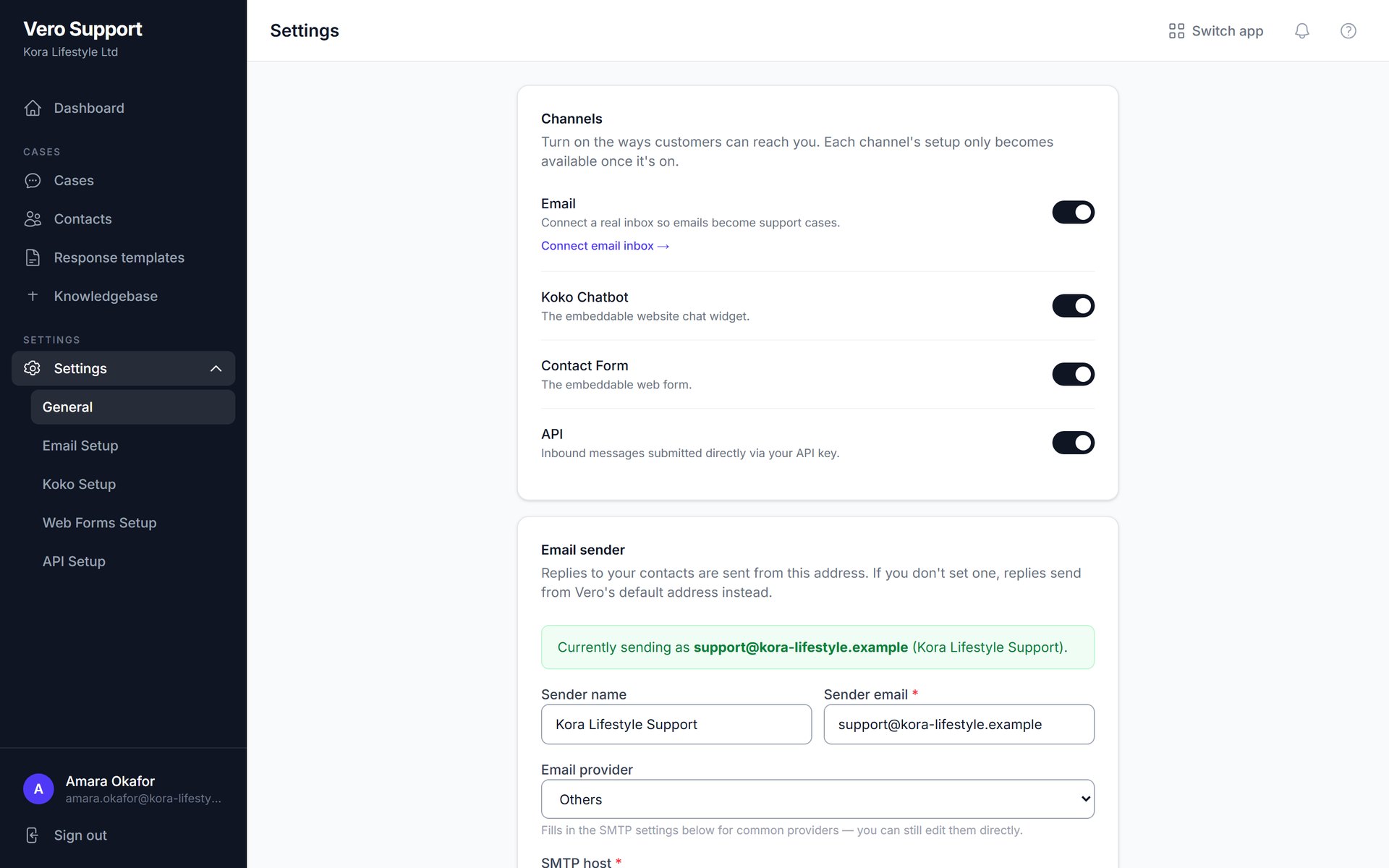 Vero Support settings showing channel switches and the email sender address